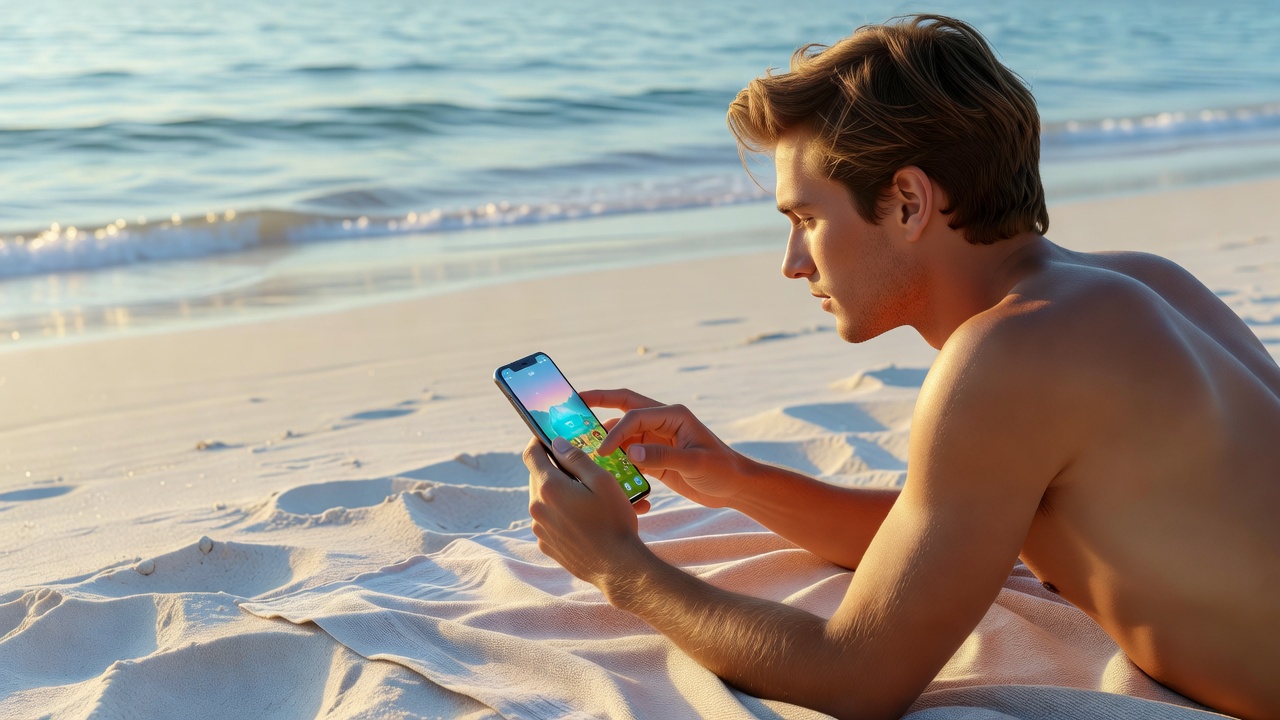 Playing indie mobile game outdoors — sunnyharborway.com